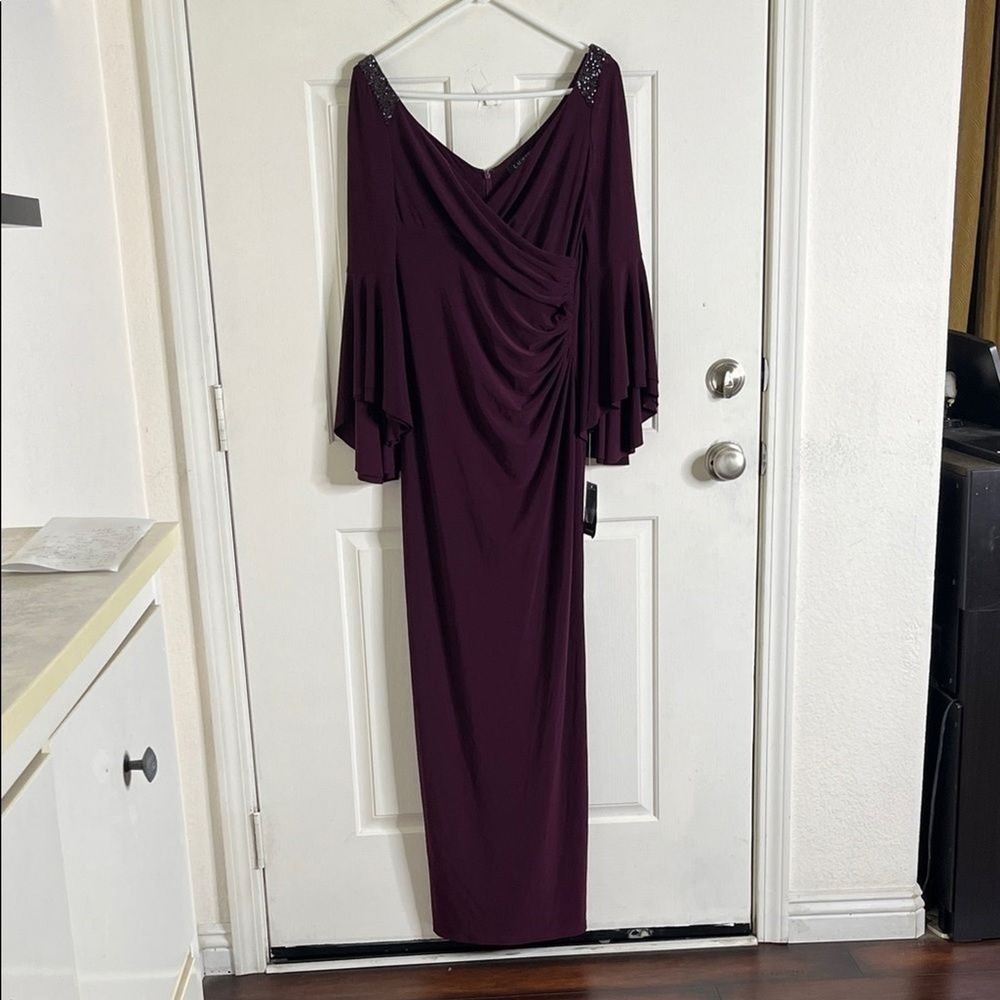 Lauren Ralph Lauren Bell-Sleeve Stretch Jersey Gown Beaded size 4 Wedding New - Picture 3 of 13